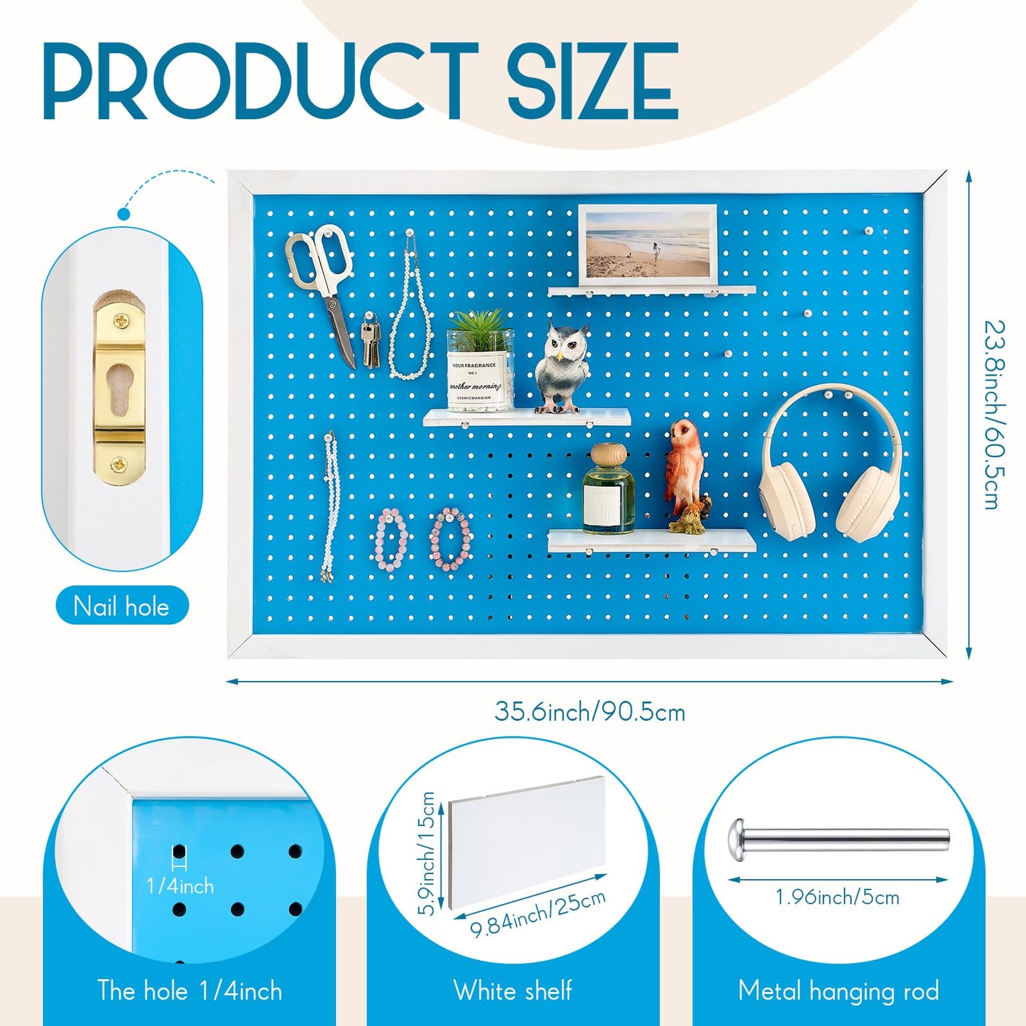 Weysat 36 x 24 Inch Decorative Wood Pegboard Wall Organizer with Frame Large Display Board Kit with 3 Shelves 18 Nails Aesthetic Board Wall Organizer Craft for Room, Office, Sewing (Blue)