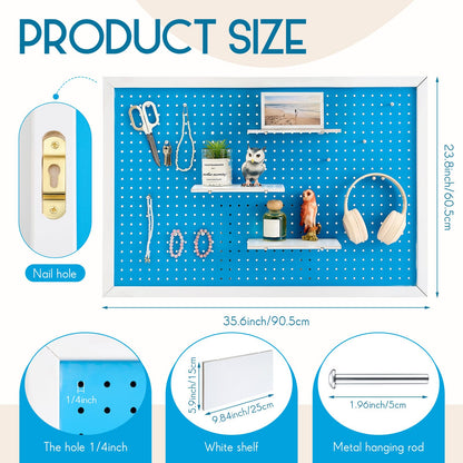 Weysat 36 x 24 Inch Decorative Wood Pegboard Wall Organizer with Frame Large Display Board Kit with 3 Shelves 18 Nails Aesthetic Board Wall Organizer Craft for Room, Office, Sewing (Blue)