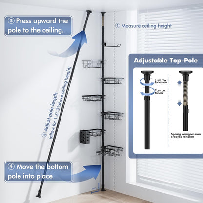 Shower Caddy Organizer - Rustproof Tension Pole with Adjustable 30-120 Inch Rack | 6-Pack Corner Shelf, Towel Bar & Soap Dish in Black
