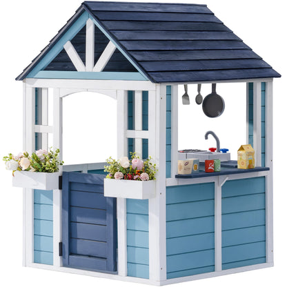 ROBUD Outdoor Playhouse, Wooden Play House for Kids Outdoor with Snack Bar, Flowerpot Holders, Sink, Stove, Cookware, Outdoor playset for Kids Ages 3+