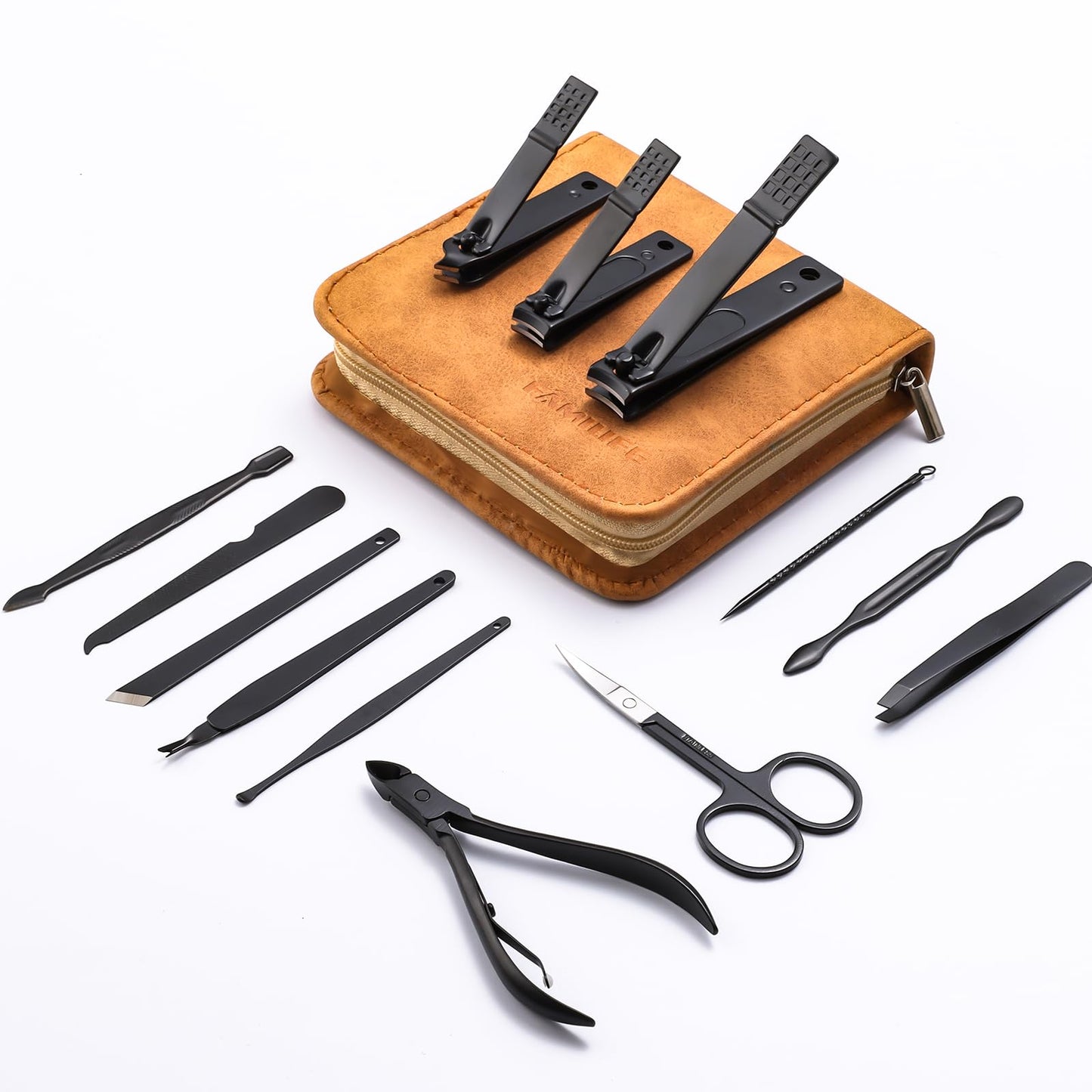 FAMILIFE Manicure Set, Nail Professional Kit Manicure Kits Nail Clipper Sets, 13PCS Stainless Steel Pedicure Sets Mens Grooming Tool, with Brown Leather Travel Case for Men