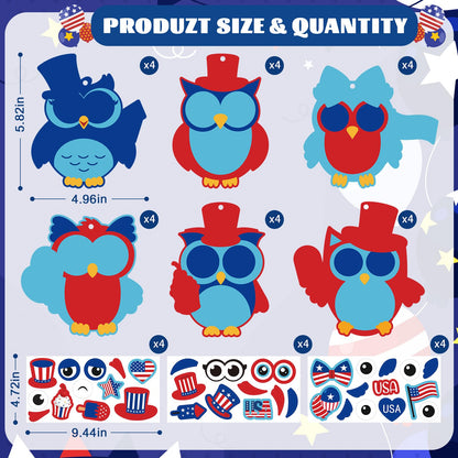 PAIVSUN 24Pcs 4th of July Crafts for Kids, DIY Owl Stickers Crafts Kit, Make Your Own Patriotic Arts Activity, Memorial Independence Day Decorations Gifts for Classroom Home Party Supplies
