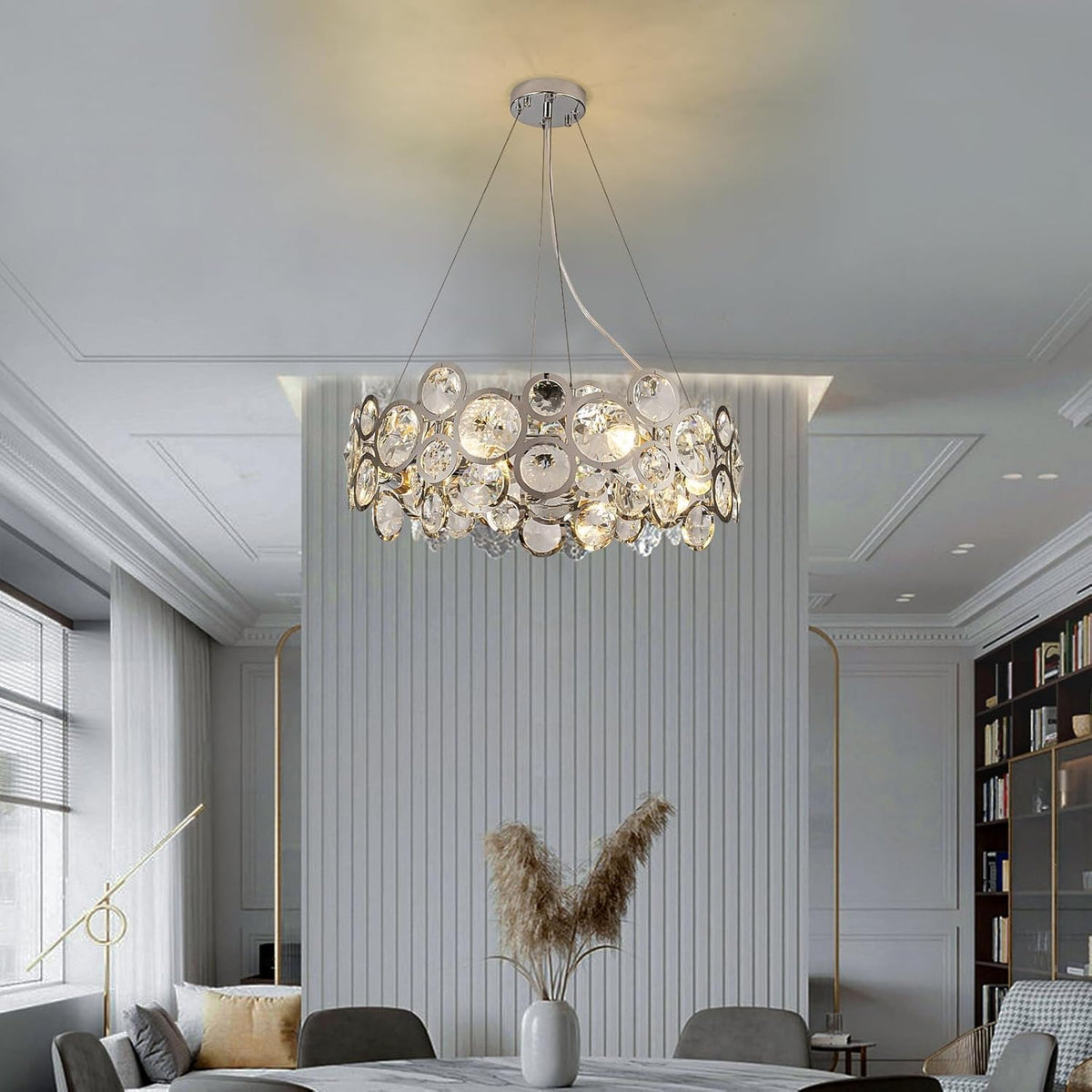 Wndtu Opal Unique Elegance Crystal Chandelier Luxury Round Crystal Modern Stainless Steel Chrome Pendant Ceiling Lights Fixture for Dining Room Living Room Kitchen Island Above Table D22