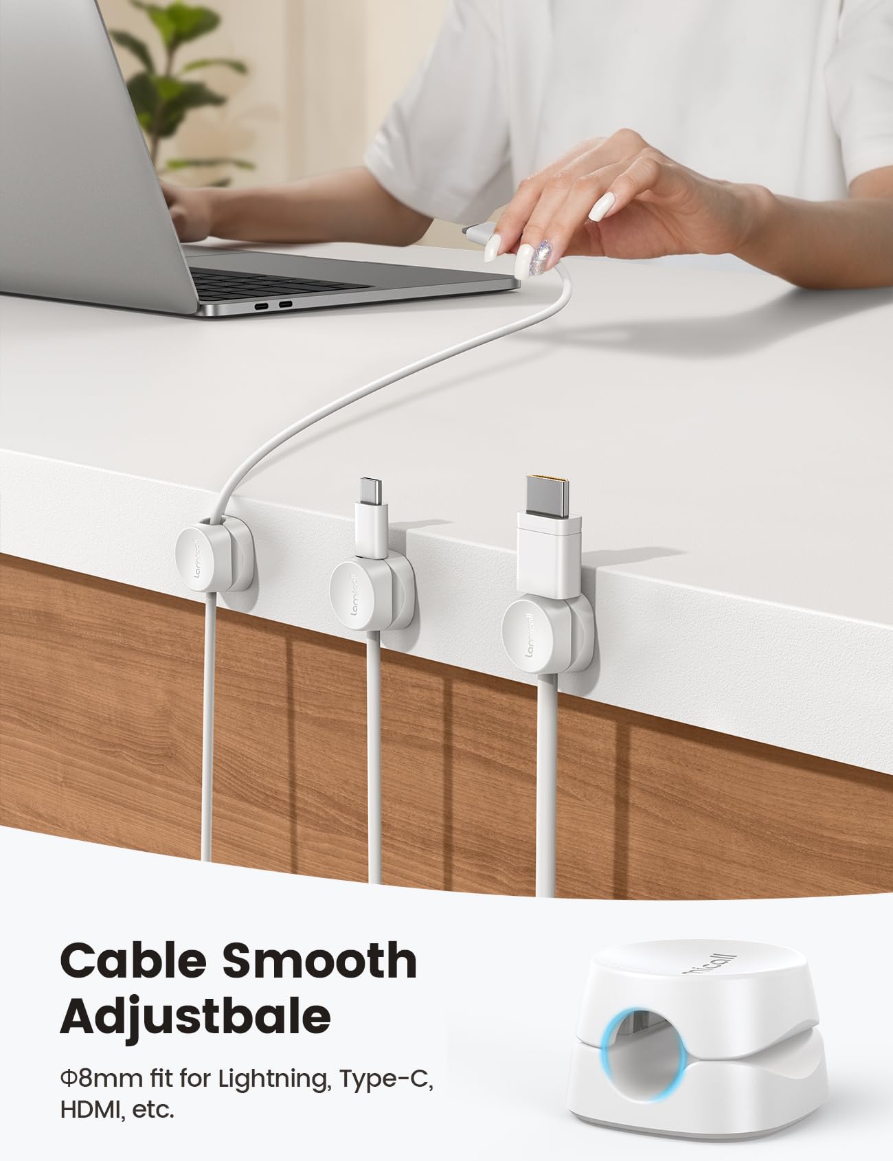 8Pack Cord Organizer [1s Lock] Spring Cable Management Clips - Lamicall Desk Cord Holder, Adhesive Cute Round Cable Clip, Phone Charger Wire Organizer Keeper for Nightstand Car Office Accessory, White
