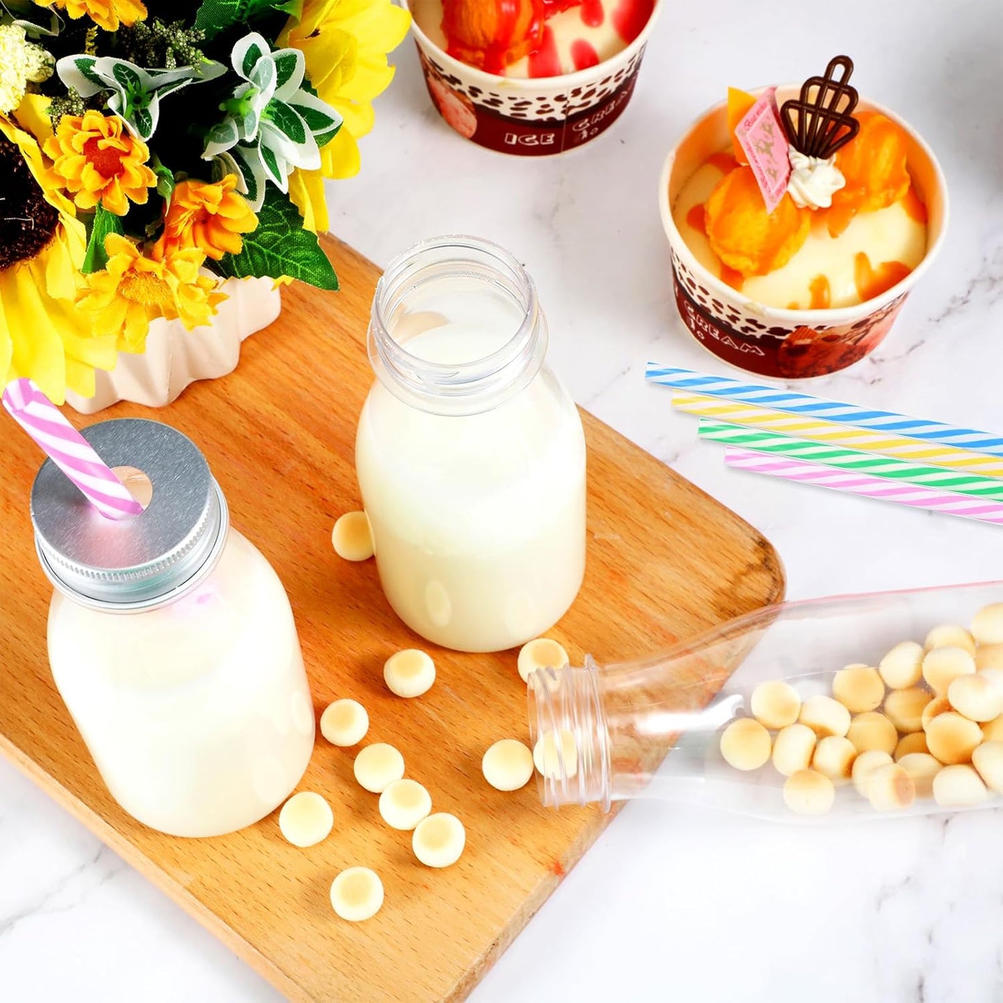 20 Sets (8 oz,Pastel Yinkin Plastic Milk Bottles with Straws Lids Clear Plastic Containers for Dairy Milk Party Bottle