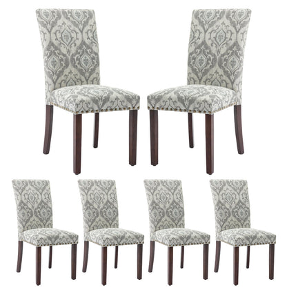COLAMY Upholstered Parsons Dining Chairs Set of 6, Fabric Dining Room Kitchen Side Chair with Nailhead Trim and Wood Legs - Grey/White Flower