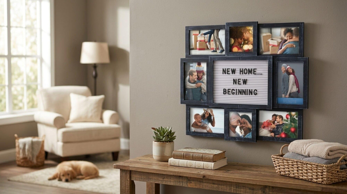 MELANNCO Collage Picture Frame with Letter Board, 8 Opening Photo Display for 4x6 and 4x4 Photos, 19 x 17 Inch Wall Decor with 144 Changeable Letters, Numbers and Symbols, Distressed Black