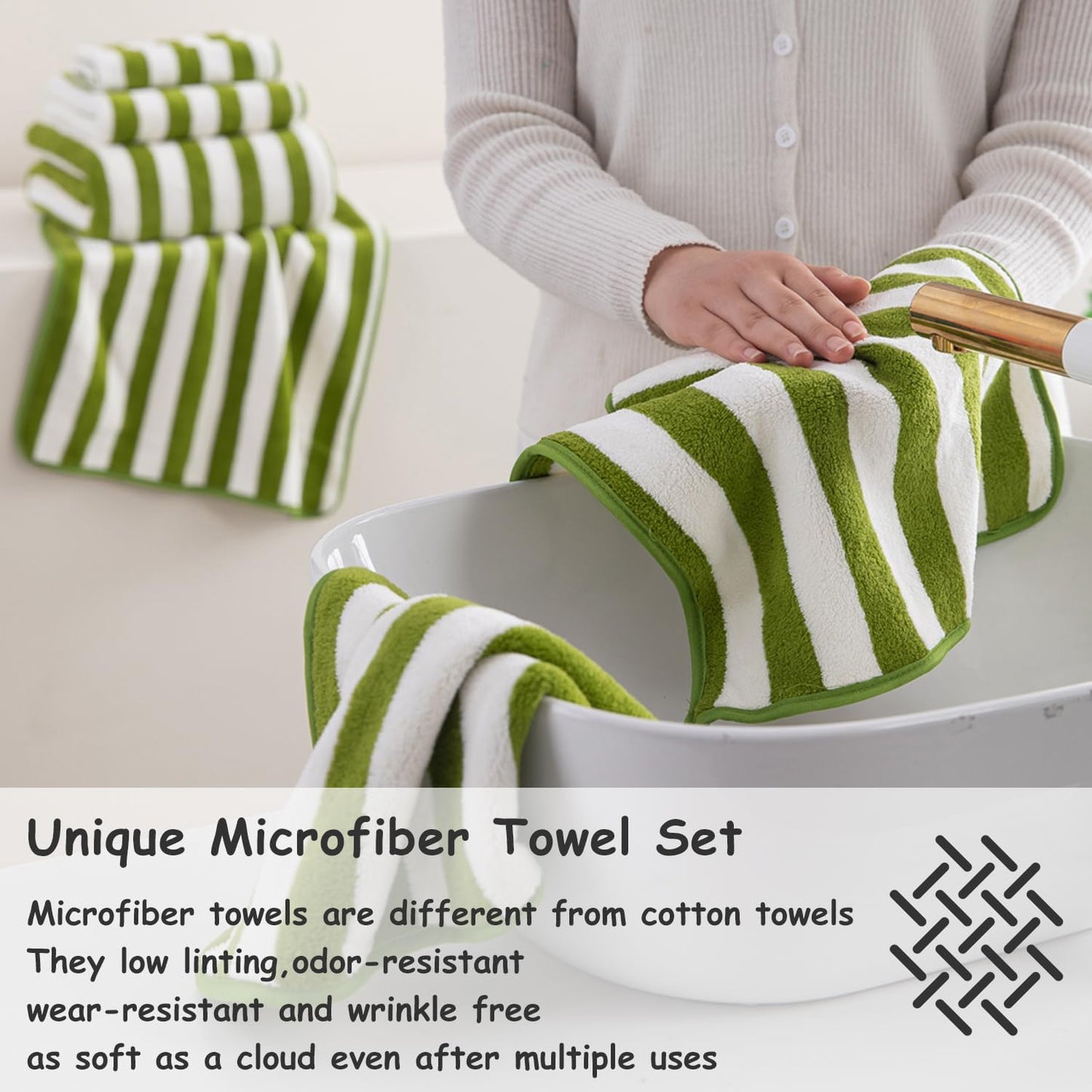 18 Set Loop-6 Towels,6 Towels,6 Set Pcs Green Stripe Bath Towel with Hanging Bath Hand Washcloths Soft Family Towels