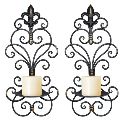 JUCONSIN Wall Sconces Candle Holder Set of 2, Metal Wall Decorations Hanging Wall Mounted Candle Sconces for Living Room Dining Room, Black with Gold (Black with Gold)