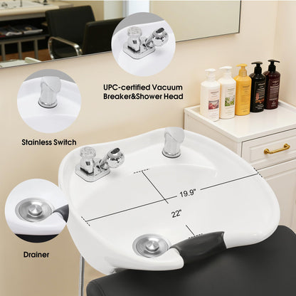 BarberPub Backwash Shampoo Station Chair, Adjustable Porcelain Ceramic Hair Wash Bowl with Chair, Shampoo Station for Barber Shop, Spa Beauty Salon Equipment 9364 (Black)