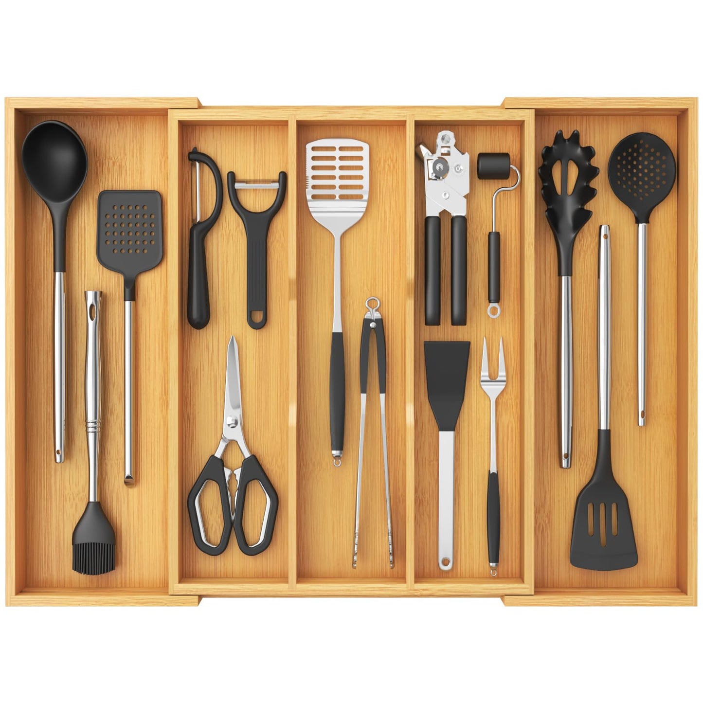 Lifewit Utensil Organizer for Kitchen Drawer, Expandable 13 to 22.4 Inches Wide, Adjustable Cooking Silverware Tray, Bamboo Cutlery Flatware Holder, Spatula Tools and Gadgets Storage Divider, Natural