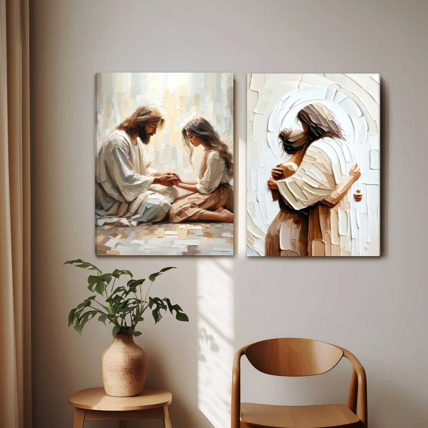 Palette Dreams Jesus And Girl Praying Painting Print Picture Wall Art ，Christian Paintings Religious Canvas Wall Decor Prayer Artwork for Living Room Bedroom Church Prayer Room Decor 12 x 16 Inch Framed