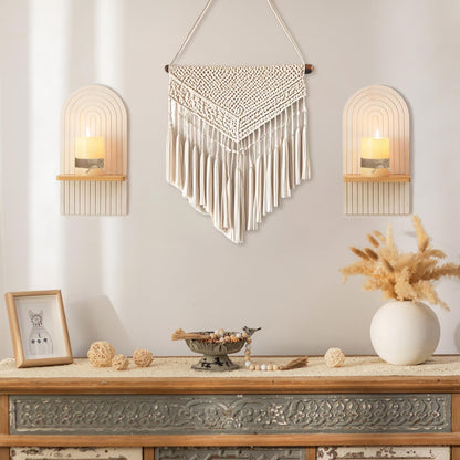 Walasis Boho Wall Candle Holder Decor: Mid Century Candle Sconces Set of 2 for Plants Pillar Candles - White Wood Modern Minimalist Arch Candle Shelf Bohemian Art Decor Beside Fireplace TV