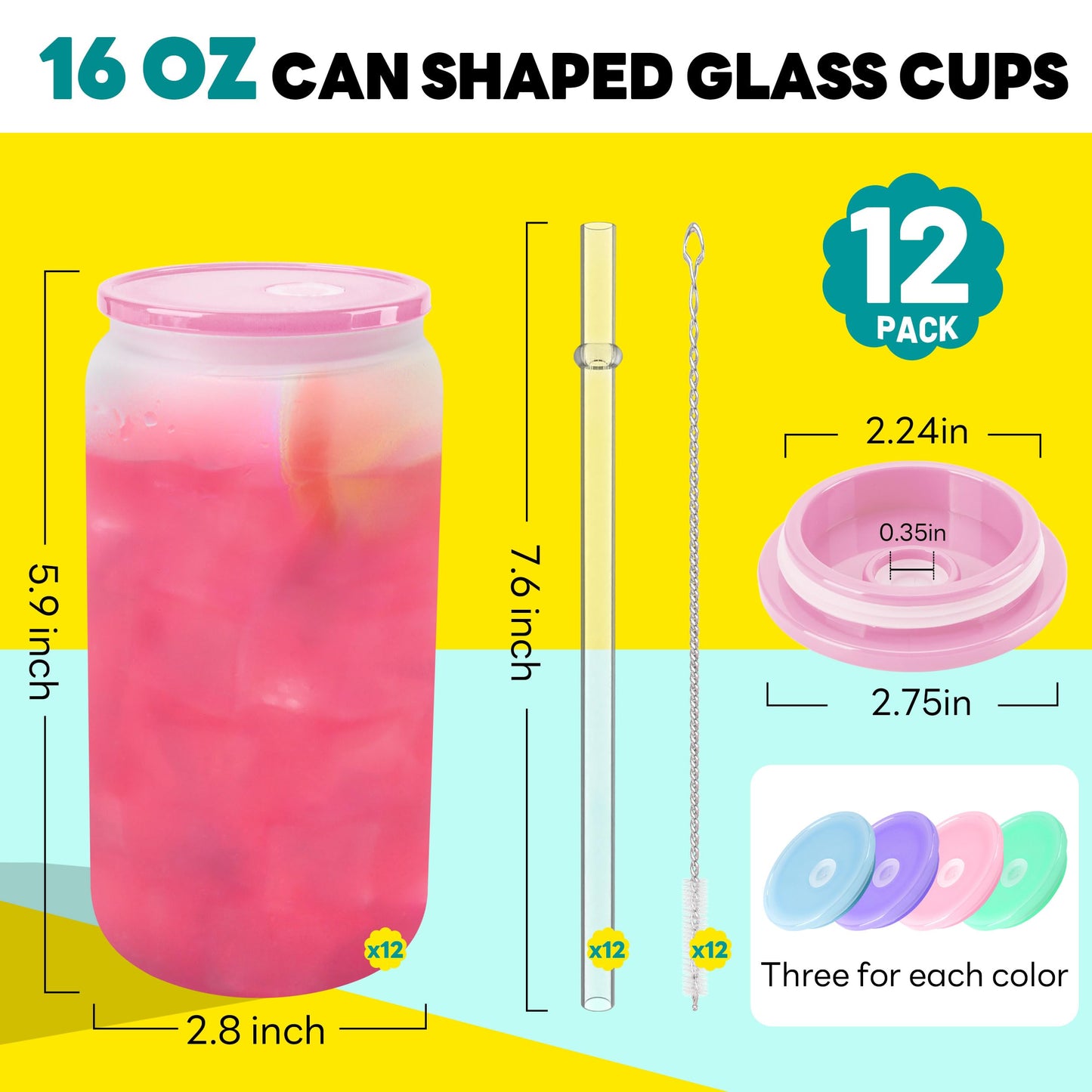 Joyclub 12 Pack Sublimation Blanks Bulk Frosted Glass Cups with Acrylic Lids16 OZ Borosilicate Can Glass Tumblers Wholesale for Beer Juice Soda Iced Coffee DIY Gifts