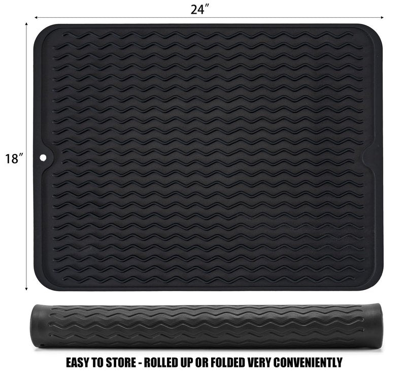 Large 24" x 18" Silicone Dish Drying Mat for Kitchen Counter, Easy clean, Quick Dry, Heat-resistant Dish Drainer Mat for Sink,Refrigerator or Drawer liner (Food Grade Silicone-Black)