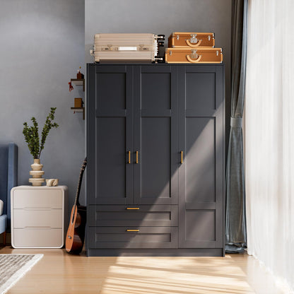 66" 3 Doors Wooden Wardrobe Closet Armoire with 2 Drawers & 3 Shelves, Wooden Wardrobe Closet with Hanging Rod, Bedroom Large Capacity Freestanding Armoire for Bedroom,Cloak Room,Entrance Hall, Black