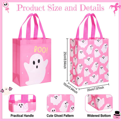Wovnet 30 Pcs Halloween Party Favor Gift Bags Ghost Boo Pink Reusable Non Woven Goodie Treat Bags with Handle Horror Theme for Halloween Party Supplies 10 x 8 x 4in