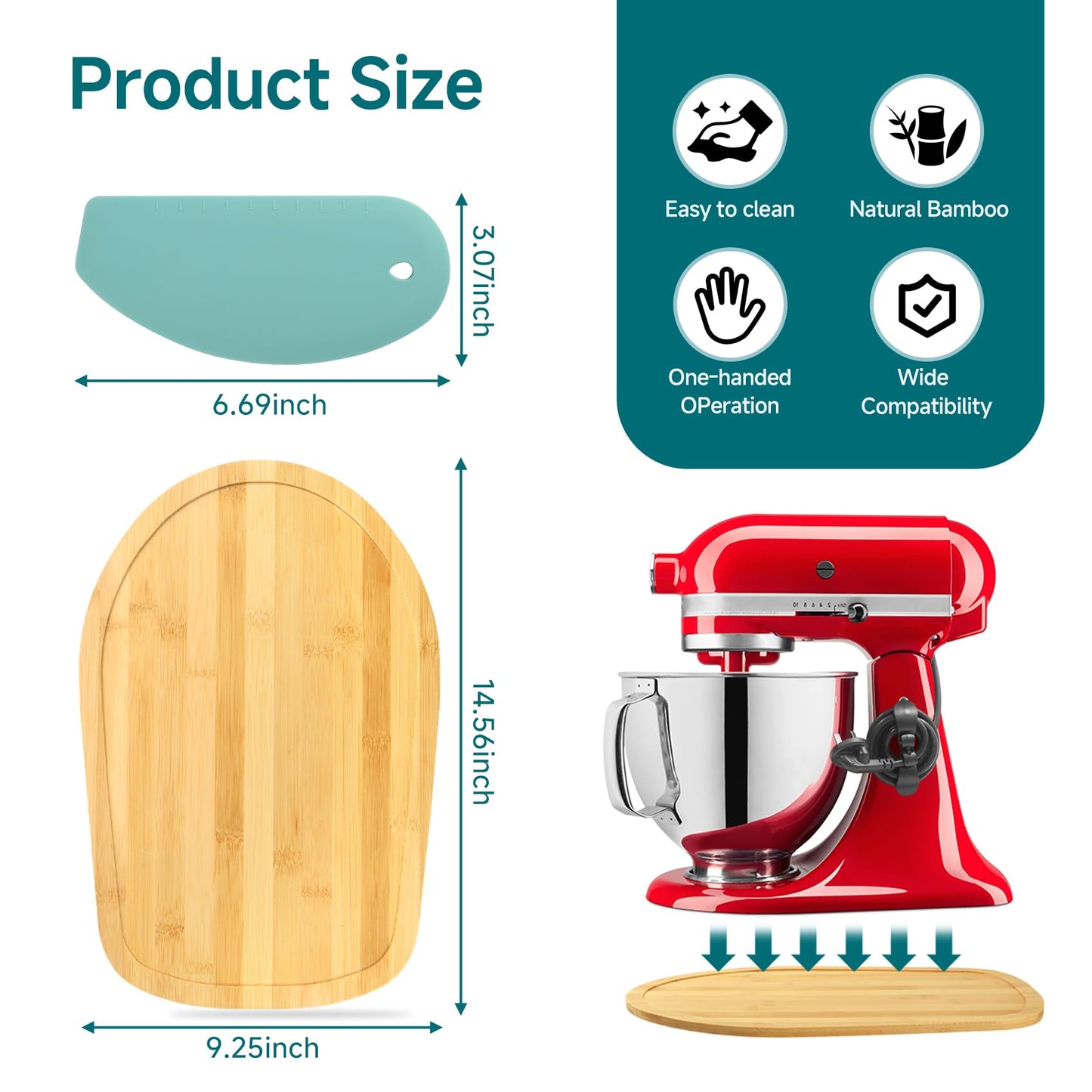Sliding Mat for Kitchen aid 4.5-5 Qt Stand Mixer with 1Pc Gourmet Bowl Scraper and 2Pcs Cord Organizer for Kitchen Appliance Slider (4.5-5 Qt 1Pc Silicone Dough Scraper and 2x Cord Organizer, Natural)