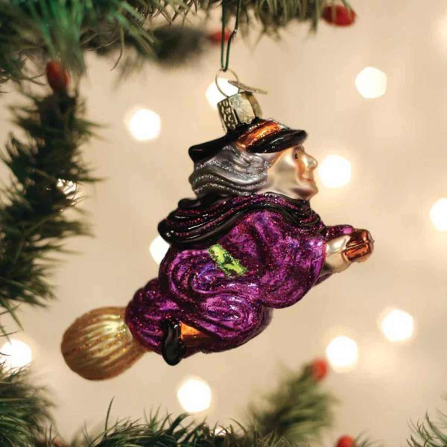 Old World Christmas Witch on Broomstick Glass Blown Ornament for Christmas Tree, Handcrafted Holiday Decoration, Halloween Collection