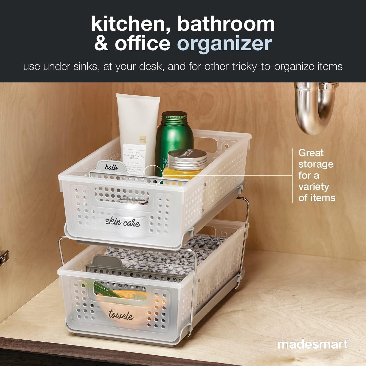 Madesmart 2-Tier Bath Organizer - Adjustable Undersink Storage with Sliding Drawers & Baskets | Frost Finish