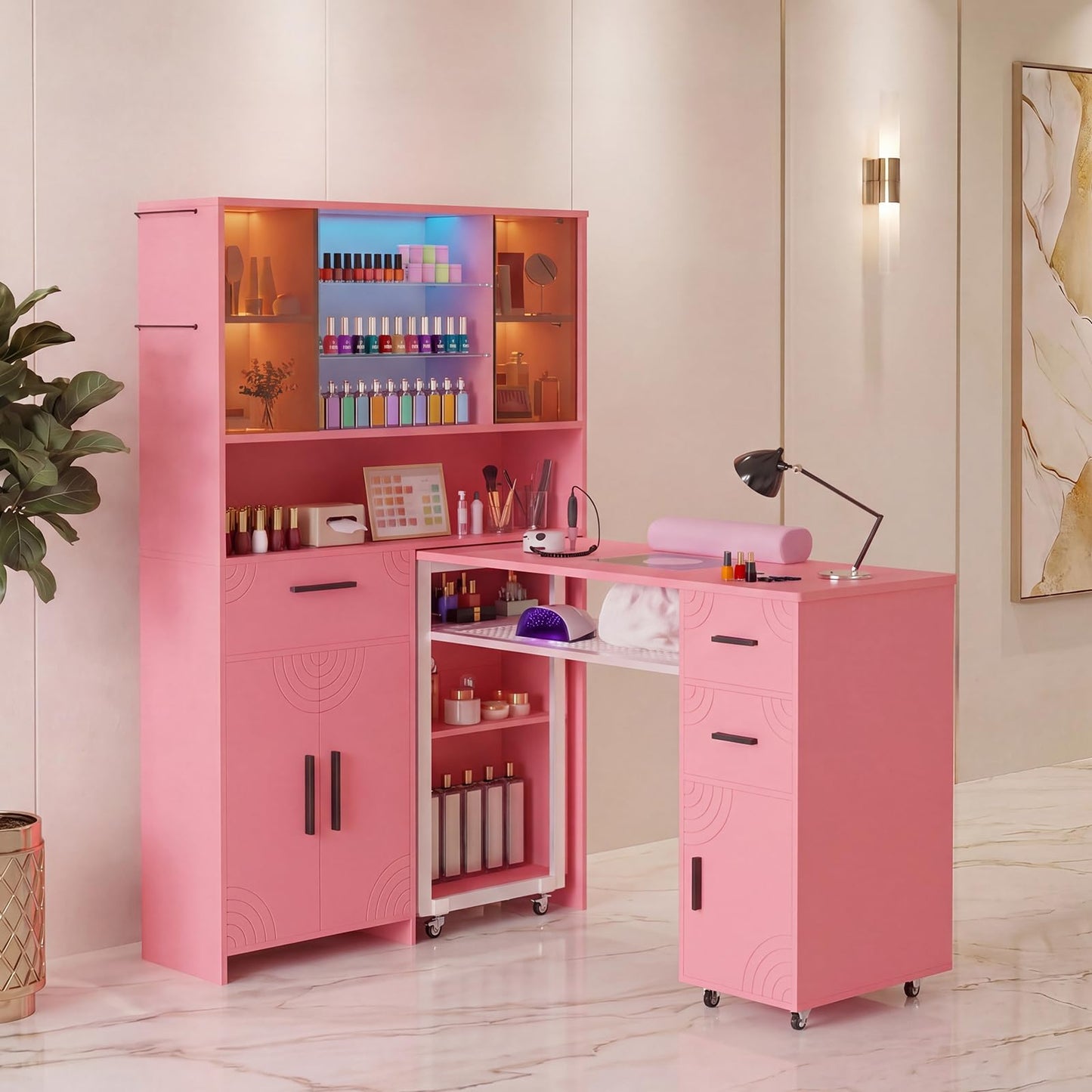 Mobile Manicure Table with Dust Collector, Double Tabletop Nail Desk for Technician, Nail Station w/Display Shelves, 3 Adjustable Layers, Drawers, Cabinets, Sliding Door & LED Light Strip, Pink
