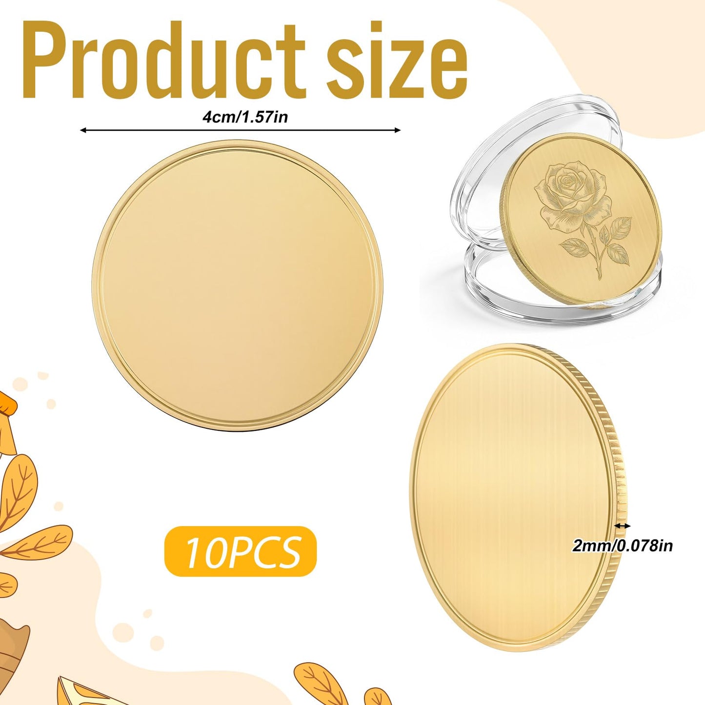 10 Pcs Blank Brass Challenge Coin for Laser Engraving, 40mm Engraving Blank Coins with Acrylic Protection Box, Unfinished Challenge Coin Blanks (Gold, Thickness 2mm)