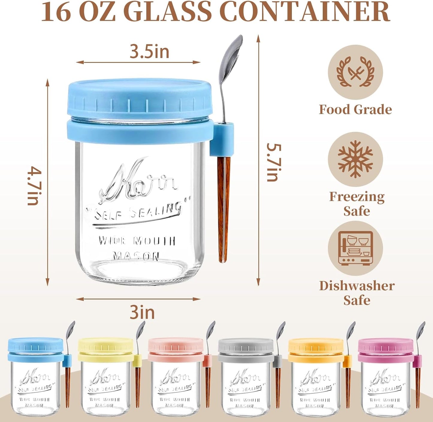 AsstarJTK 6 Pack 16 Oz Overnight Oats Containers with Lids and Spoons - Glass Mason Jars for Overnight Oats Airtight