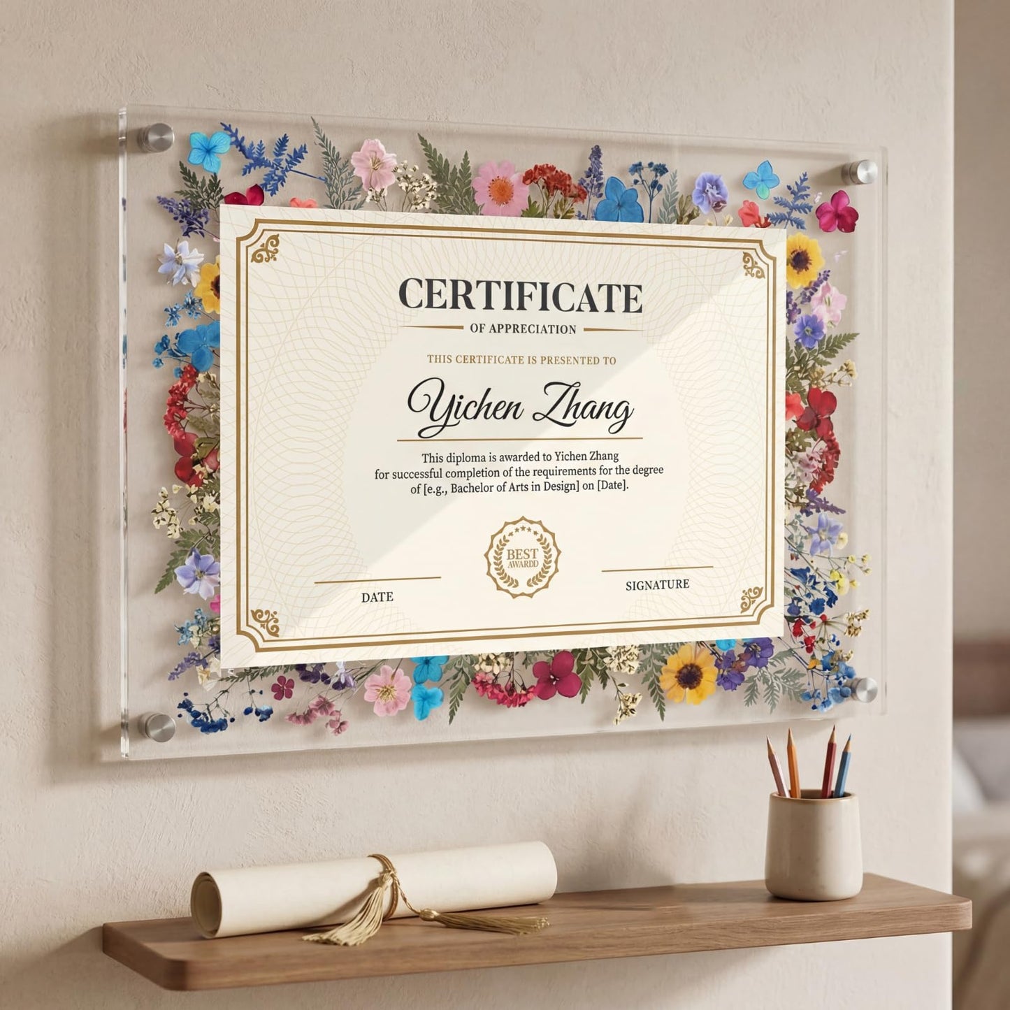 AmazingSpark 1 Set Pressed Flower Diploma Frame Floating Frameless Clear Acrylic Wall Mount Picture Frame, 24 Nano Strip 6 Color Pressed Flower for Certificate Degree Artwork (11x14'',Colorful)