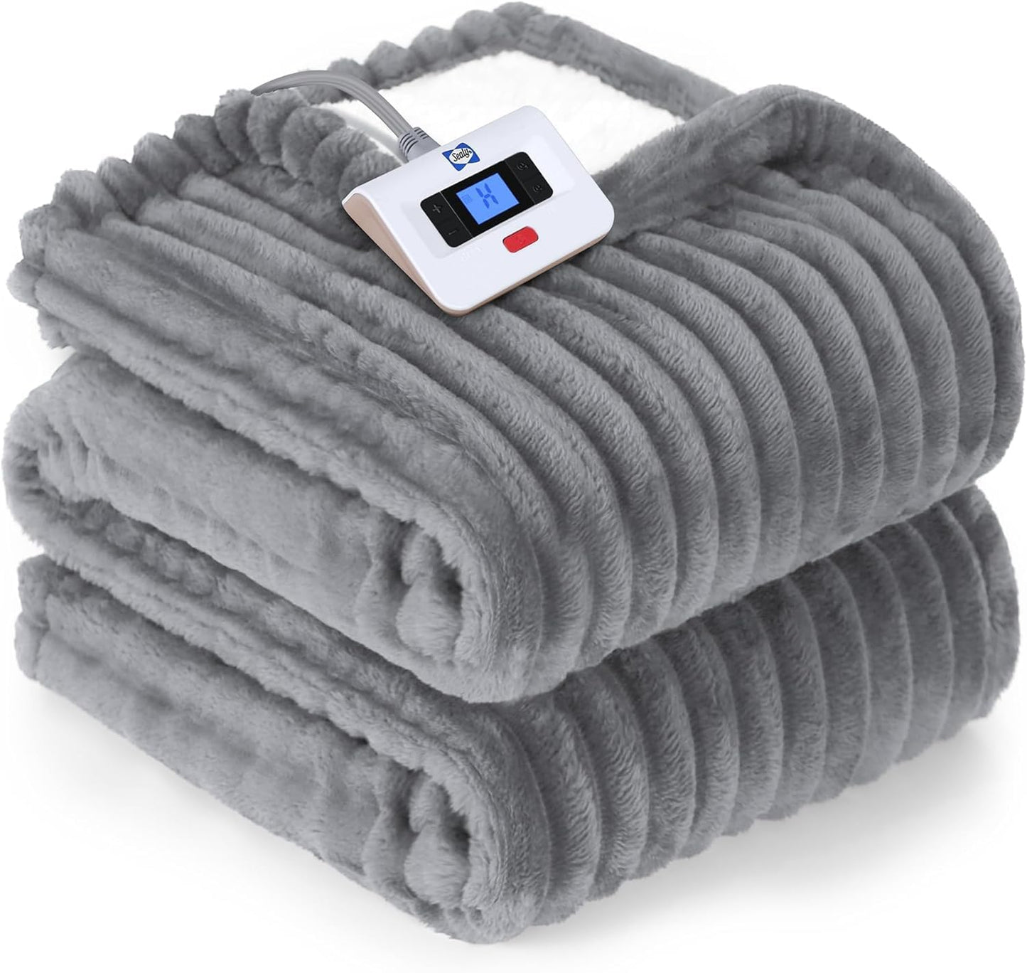 SEALY Electric Blanket Full Size, Soft Ribbed Flannel to Sherpa Reversible Heated Blanket with 10 Heat Settings & 1-12 Hours Auto-Off Overheat Protection, Machine Washable, 72"x84" Beige