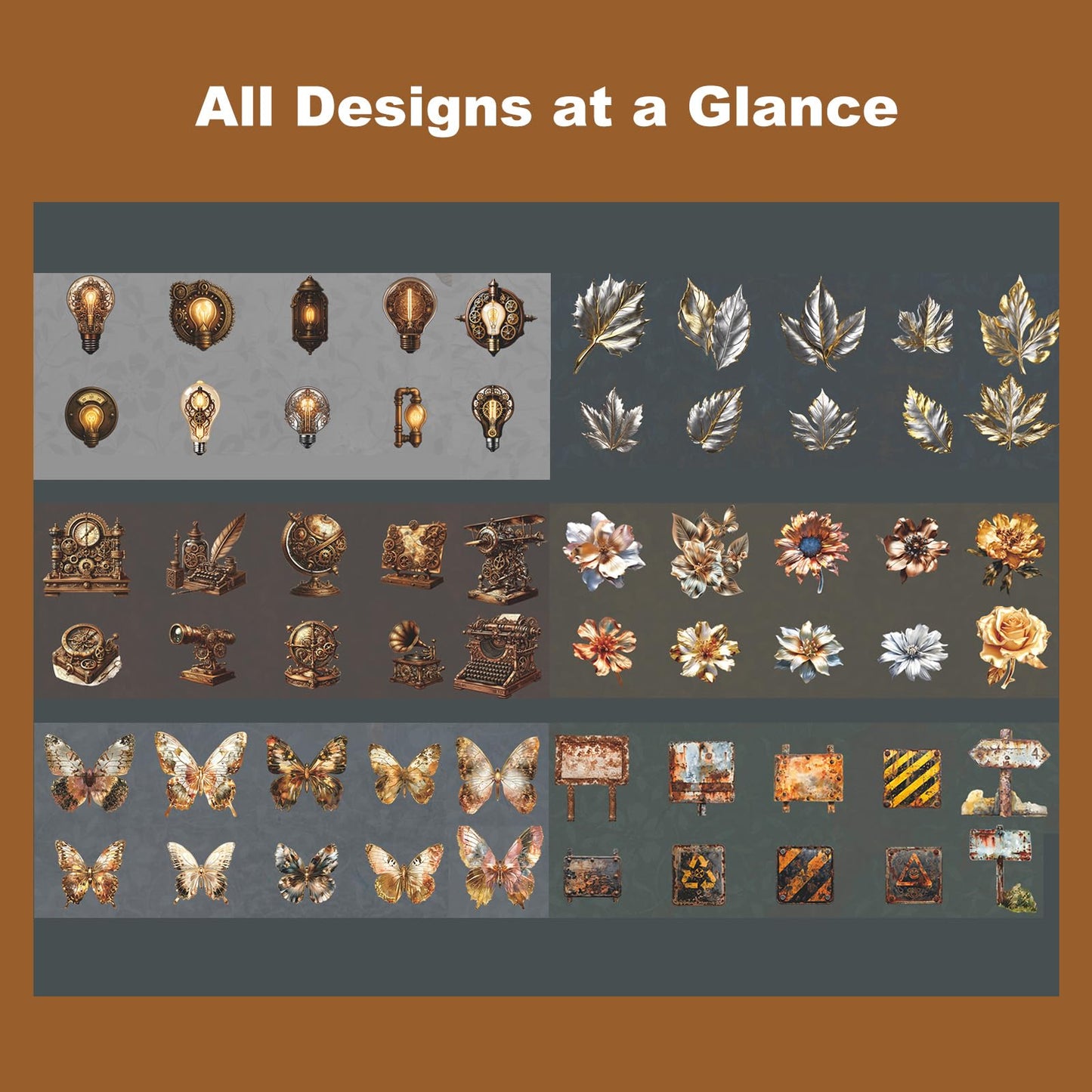 Moriquill 120PCS Steampunk Vintage Stickers – Die-Cut Antique Gears, Bulbs & Butterflies with No-White Edge Cardstock for Scrapbooking, Journaling and DIY Crafts