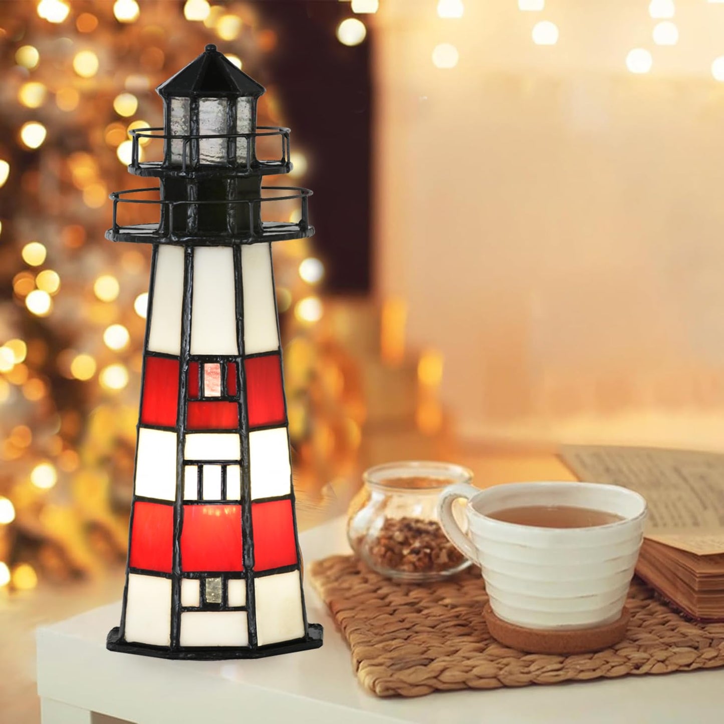 HomeBeauty A0016 Tiffany Lighthouse Lamp Stained Glass Accent Table lamp Night Light for Home Decoration, Bulb Included (RED)