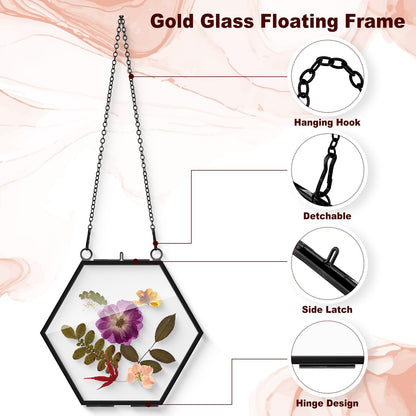 Soaoo 12 Pcs Brass Glass Frame for Pressed Flowers with Chain Clear Double Glass Floating Artwork Display Frame for Wall Decor with Dried Plant Leaf, 6 Shapes (Black)