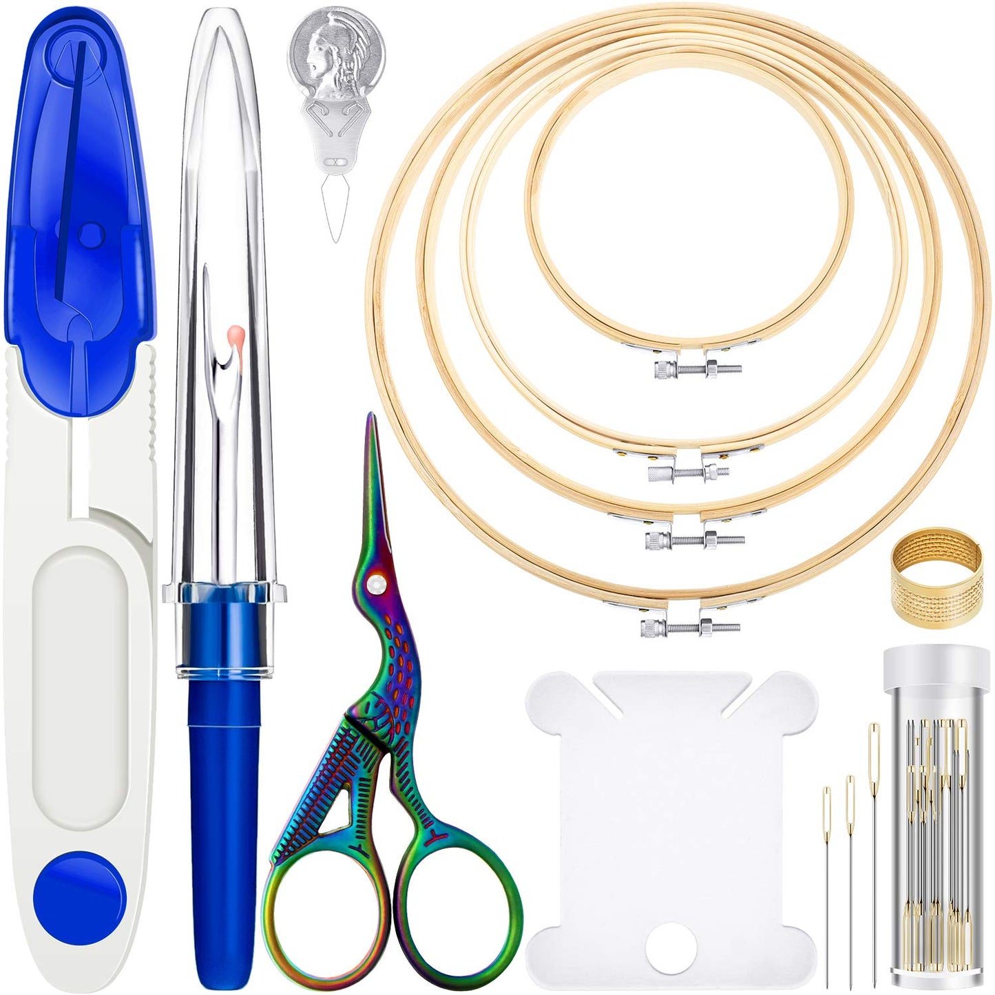 Mudder 53 Pieces Cross Stitch Tool Embroidery Starter Kit Includes Bamboo Circle Cross Stitch Hoop Ring Sewing Scissors Needle Threading Tools Thimbles Floss Bobbins Seam Ripper and Embroidery(Blue)