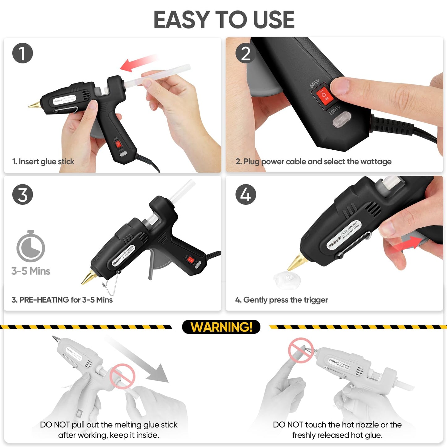 ROMECH Full Size Hot Glue Gun with 60/100W Dual Power and 21 Hot Glue Sticks (7/16"), Fast Preheating Heavy Duty Industrial Gluegun with Storage Case for Crafting, DIY and Repairs (Black)