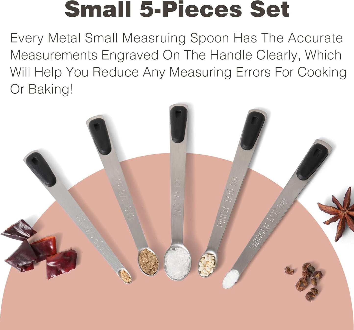 Measuring Spoons Set of 5, Tiny Stainless Steel Measuring Spoons with Black Silicone Handle for Dry or Liquid