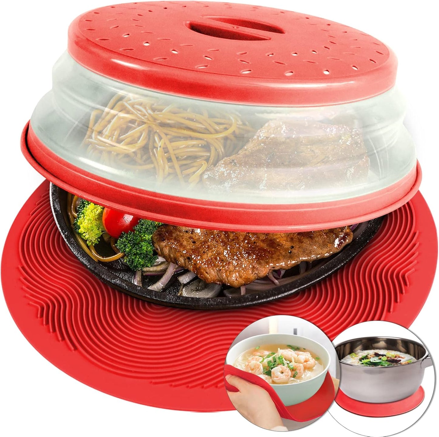 2 in 1 Aidacom Microwave Mat & Food Cover - 12" Mat as Bowl Holder, Silicone Trivet, Pot Holders, Drying, Baking, Red