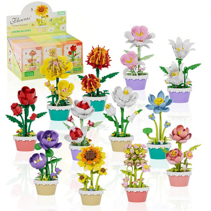 FNSJFYZS 12 Pack Flower Building Blocks, Botanicals Collection Artificial Flowers with Pots, DIY Craft Kit for Home Office Desk Decor, Unique Birthday Gifts for Adults
