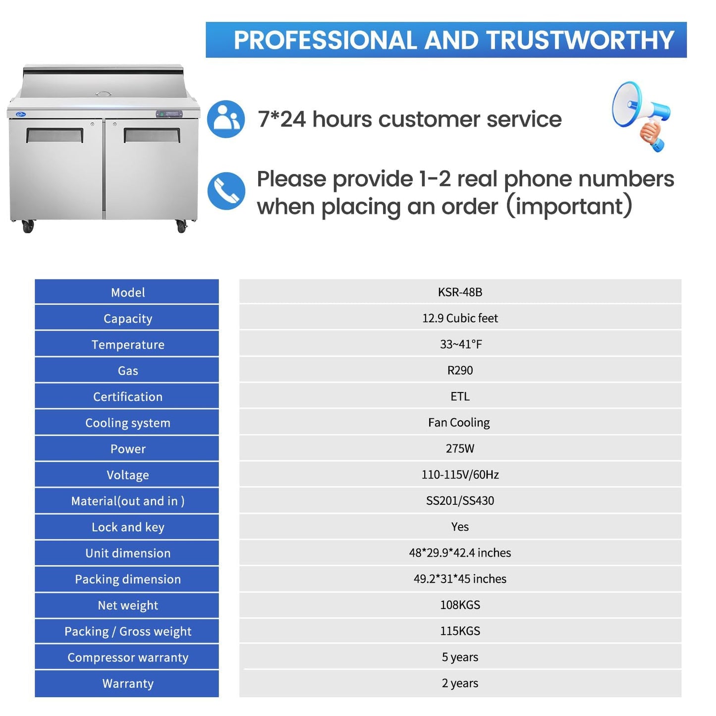 kalifon 48" W 2 Door Refrigerator Sandwich Salad Prep Table Commercial Stainless Steel Fan Cooling Refrigerator with Cutting Board, 2 Shelves & 18 Pans for Restaurant, Bar, Shop-12.9 Cu.ft