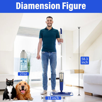 Mop for Multi-Purpose Floor Premium Spray Mop, 18 inch Professional Hardwood Wet and Dry Cleaning Mops with 3 Resuable Pads and Refilled Bottle, Blue