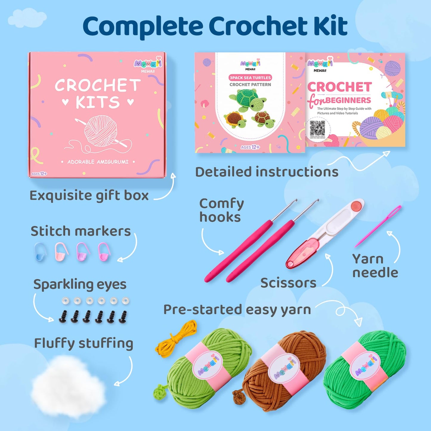 Mewaii Beginner Crochet Kit with 40% Extra Yarn, Pre-Started Yarn & Video Tutorials - 3 Sea Turtles Craft Set for Adults & Kids
