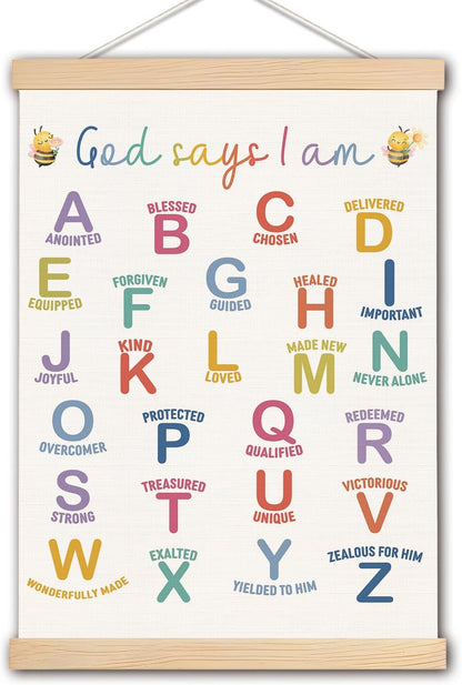 DNEULYR 12x16 Inches God Says I am Alphabet Christian Wall Art Poster for Kids, Bible Verse Affirmations Poster Hanger