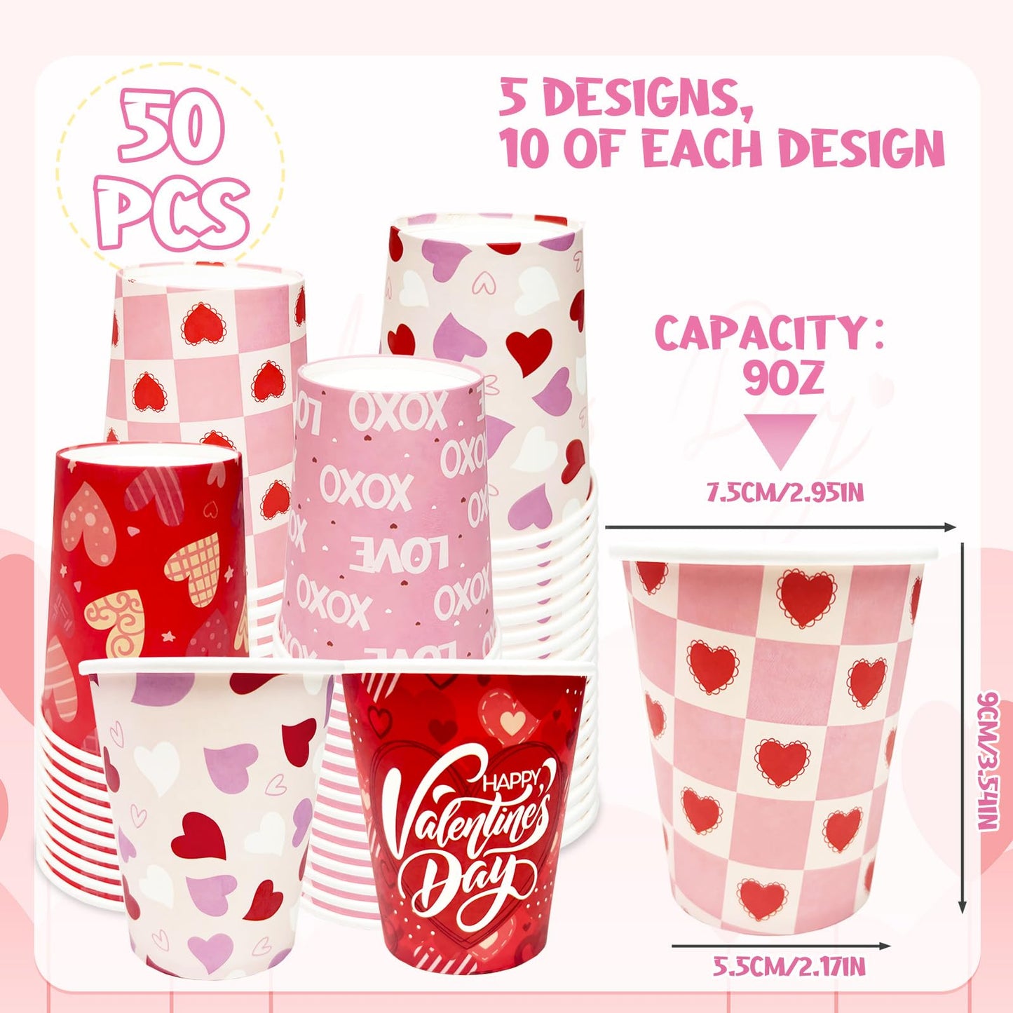 YQUQWN 50Pcs Valentine Paper Cups 9oz – 5 Heart Designs Disposable Valentine Cups Red Paper Party Drinkware for Coffee Juice Weddings Gatherings