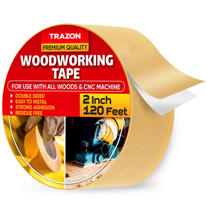 Trazon Double Sided Woodworking Tape Super Strong, 2 Inch x 120 Feet, Wood Crafter Sticky Tool, Two Side Adhesive for Router Templates and CNC Machine, Removable & Residue Free
