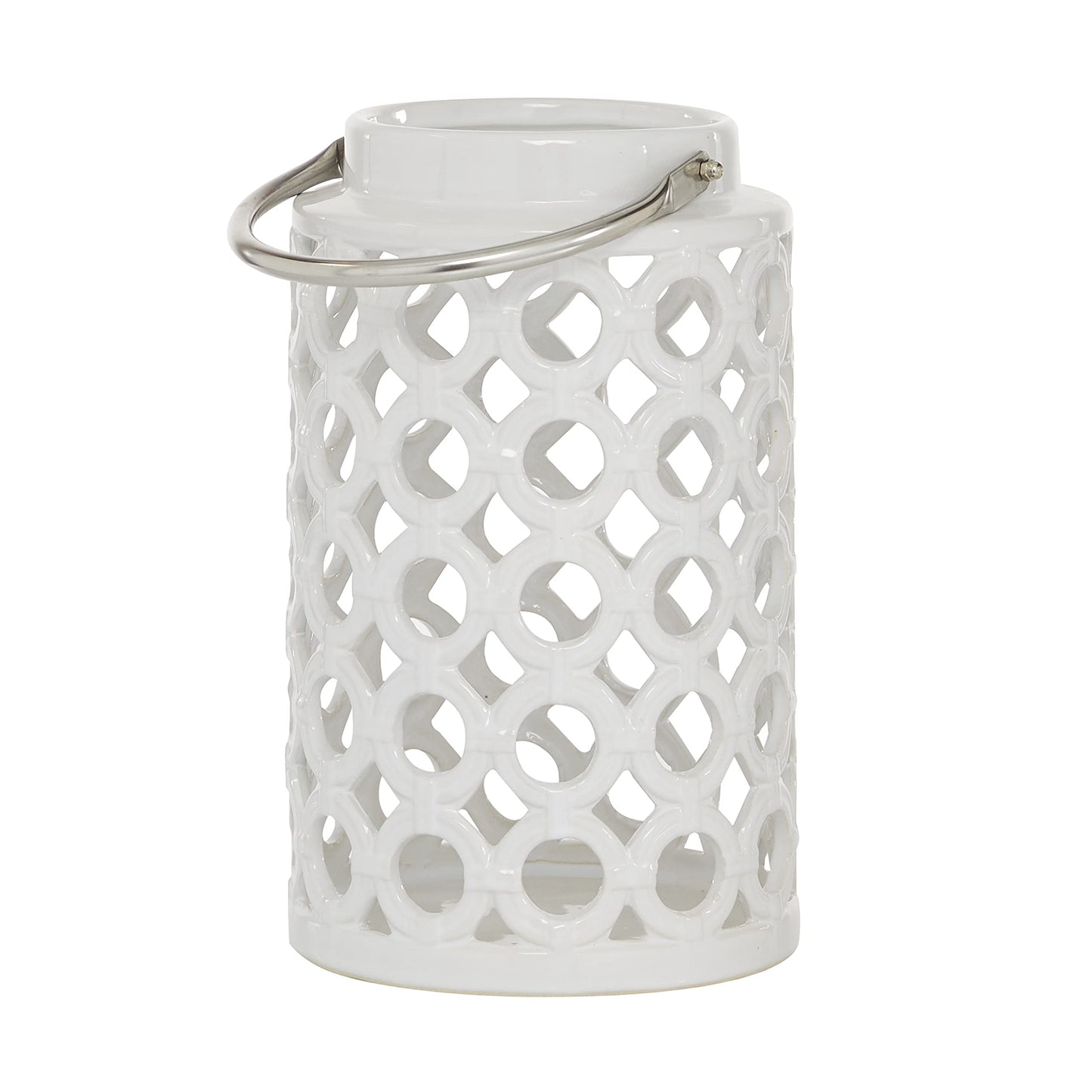 Deco 79 Ceramic Circles Decorative Candle Lantern with Cut Out Design, 8" x 9" x 8", White
