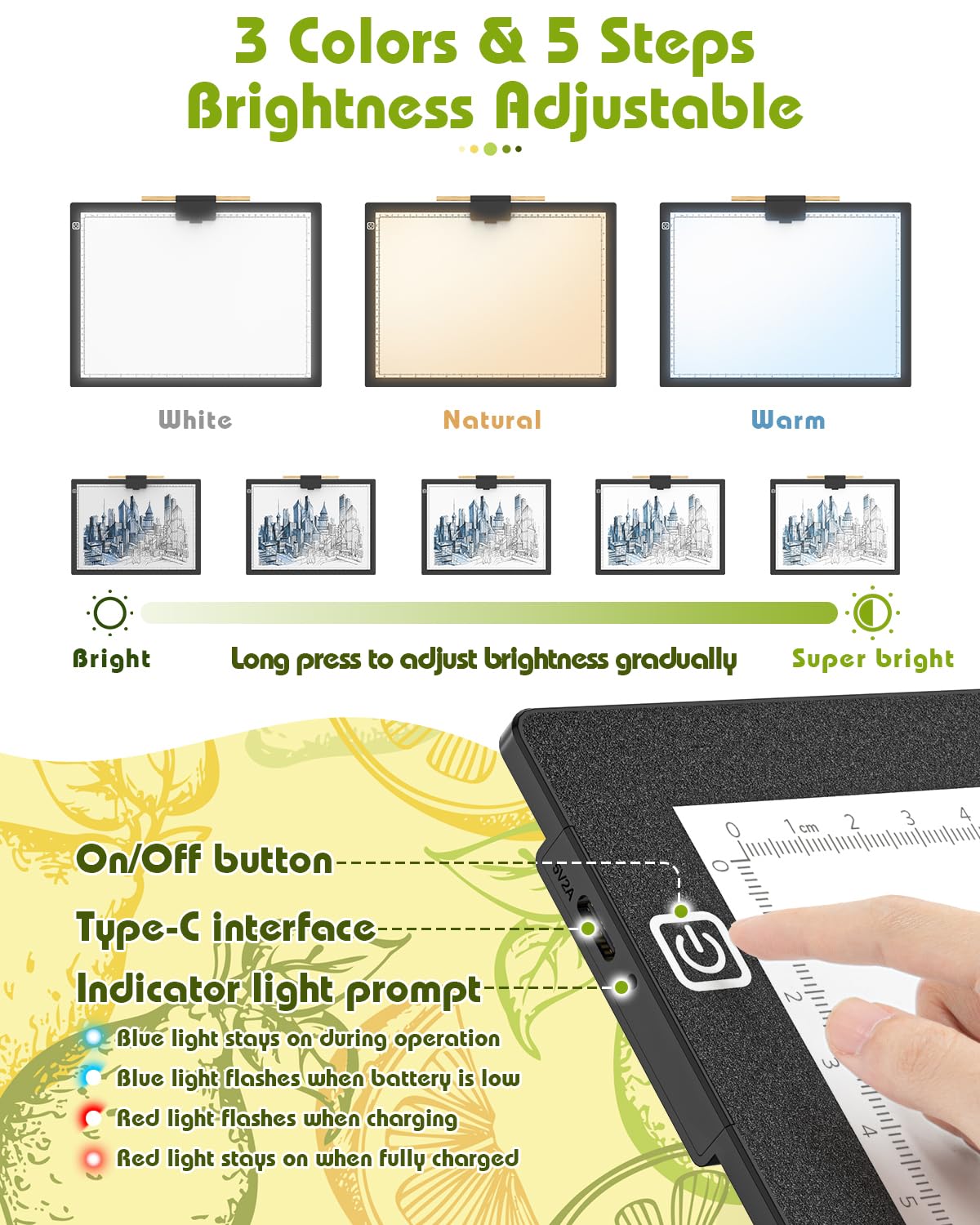 A3 Light Board for Diamond Painting, Rechargeable Battery Light Pad, Magnetic Tracing Light Box, Ultra-Thin Copy Board with 3 Colors& 6 Levels Adjustable Brightness for Drawing, Sketching, Animation