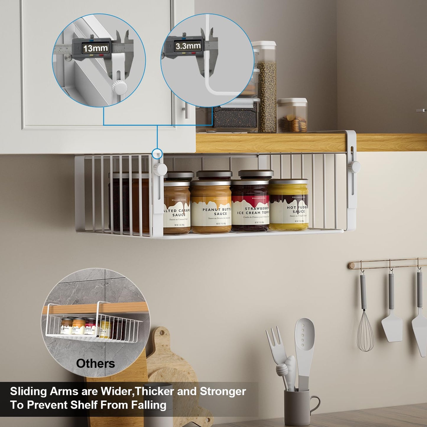 AmonHouseware 2Pack Under Shelf Basket Organizer,Adjustable Hanging Holder Storage for Cabinet Pantry Kitchen Cupboard Desk Counter Bookshelf Organization Add-on Space Saver Heavy Duty Slide-in,White