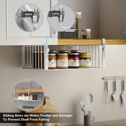AmonHouseware 2Pack Under Shelf Basket Organizer,Adjustable Hanging Holder Storage for Cabinet Pantry Kitchen Cupboard Desk Counter Bookshelf Organization Add-on Space Saver Heavy Duty Slide-in,White