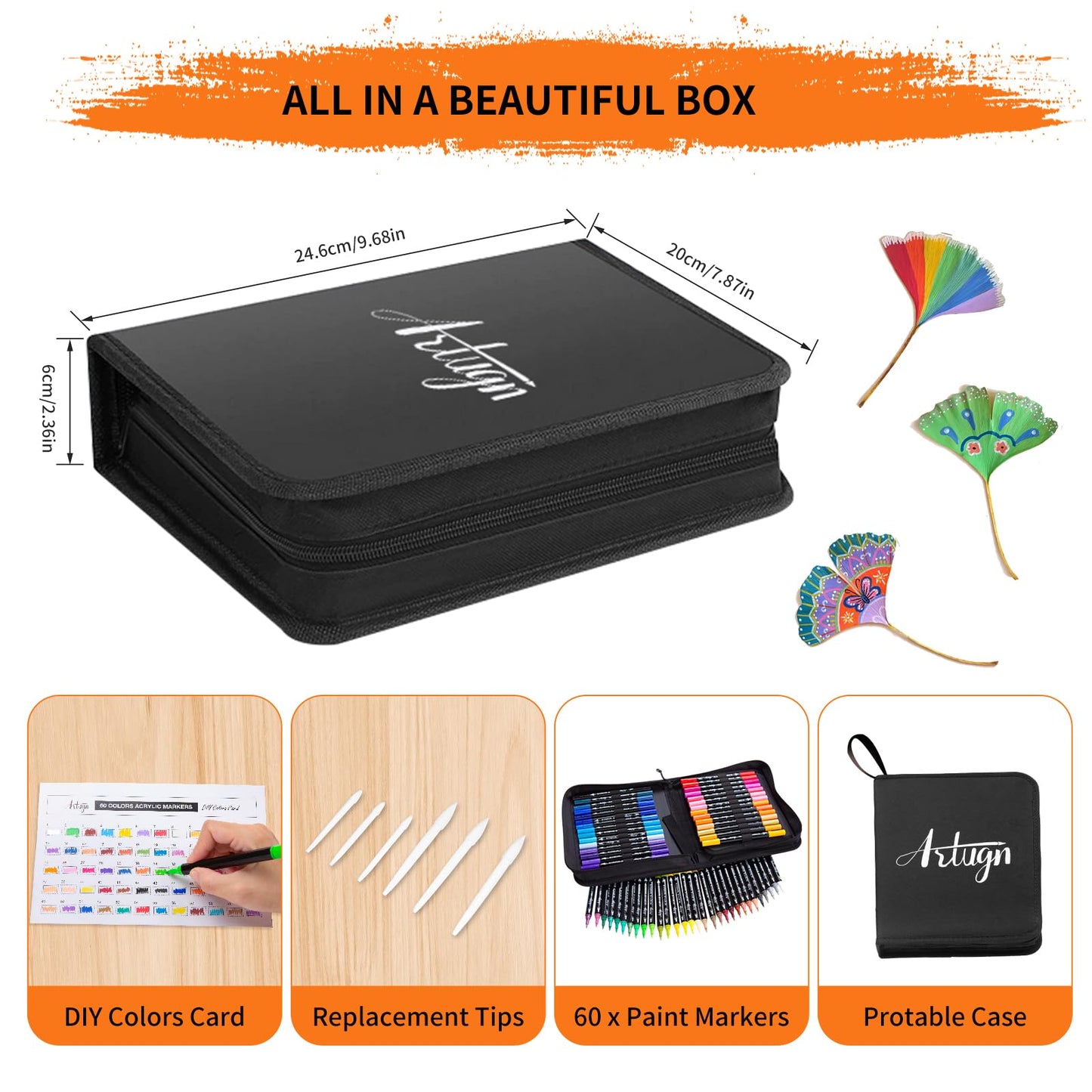 Artugn 60 Colors Acrylic Paint Pens, Dual Tip Pens With Fine Tip and Brush Tip for Rock Painting, Ceramic, Wood, Plastic, Calligraphy, Scrapbooking, Brush Lettering, Card Making, DIY Crafts
