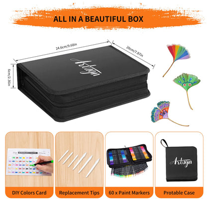 Artugn 60 Colors Acrylic Paint Pens, Dual Tip Pens With Fine Tip and Brush Tip for Rock Painting, Ceramic, Wood, Plastic, Calligraphy, Scrapbooking, Brush Lettering, Card Making, DIY Crafts