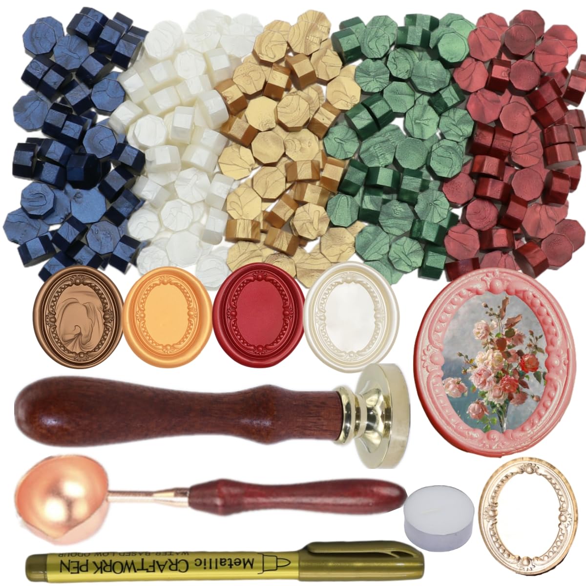3D Embossed Frame Wax Seal Stamp, Frame Relief Carving Sealing Stamp Set with 150Pcs Sealing Wax Beads in 5 Color, Melt Spoon Pen Kit for Wedding and Christmas (KM10)